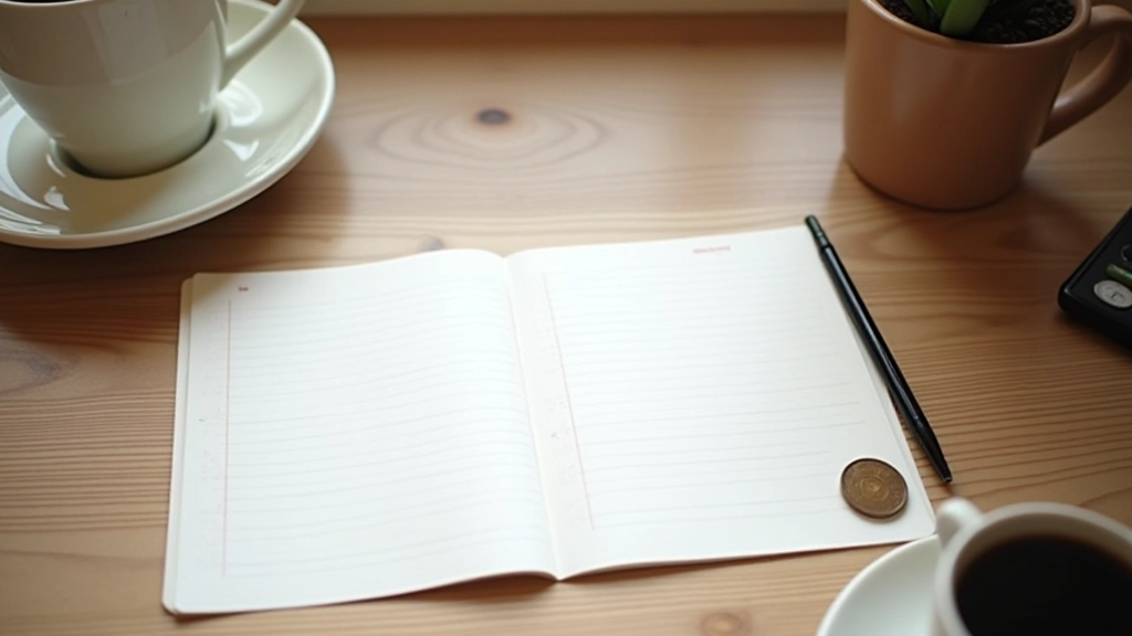 Carnet de dépenses ouvert avec stylo et monnaie, bureau de travail minimaliste