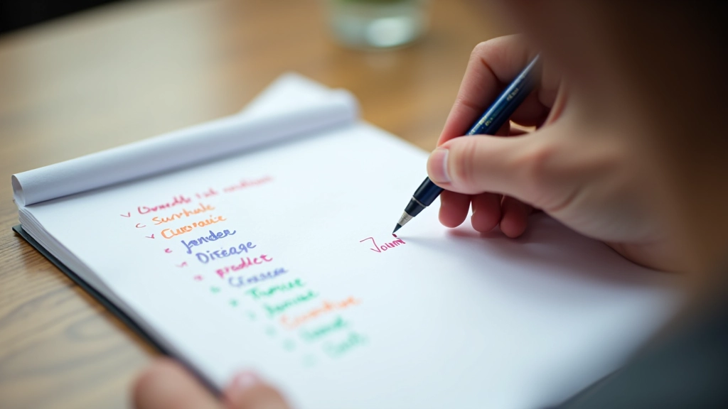 Liste écrite à la main de catégories de dépenses avec des marqueurs colorés