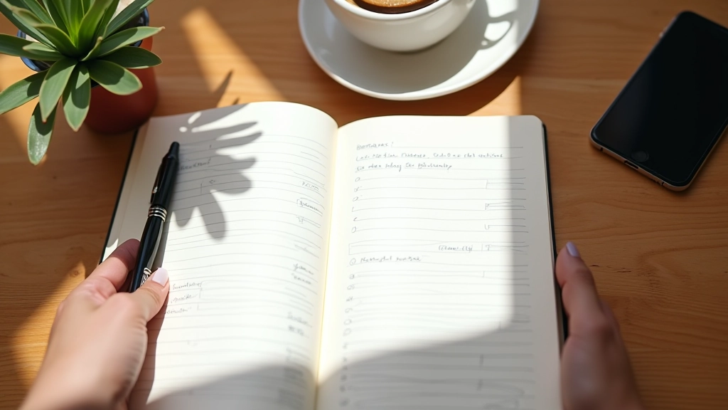 Journal ouvert avec stylo sur un bureau en bois, café à côté et smartphone