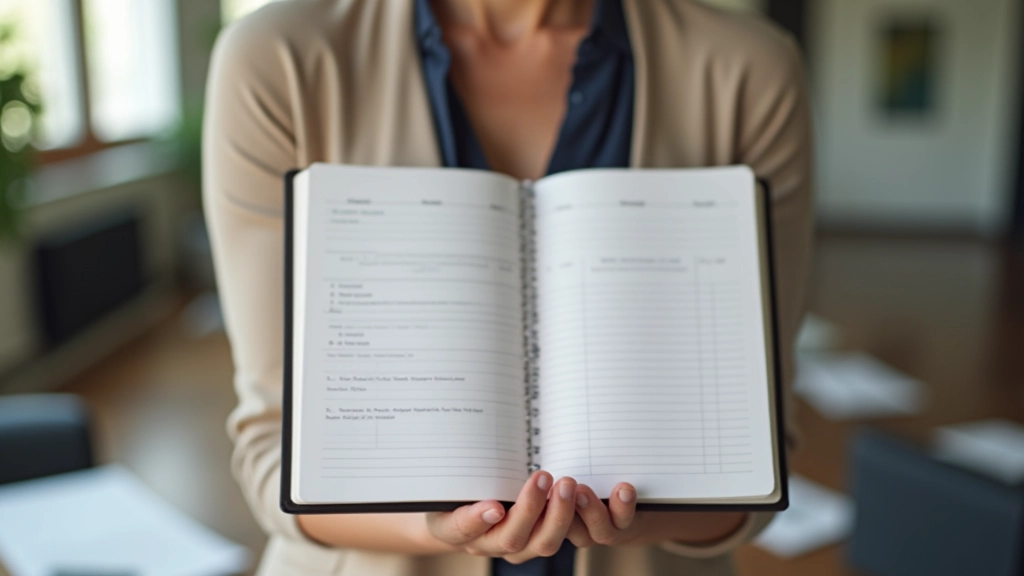 Personne tenant un carnet de suivi avec des colonnes de catégories, écriture propre