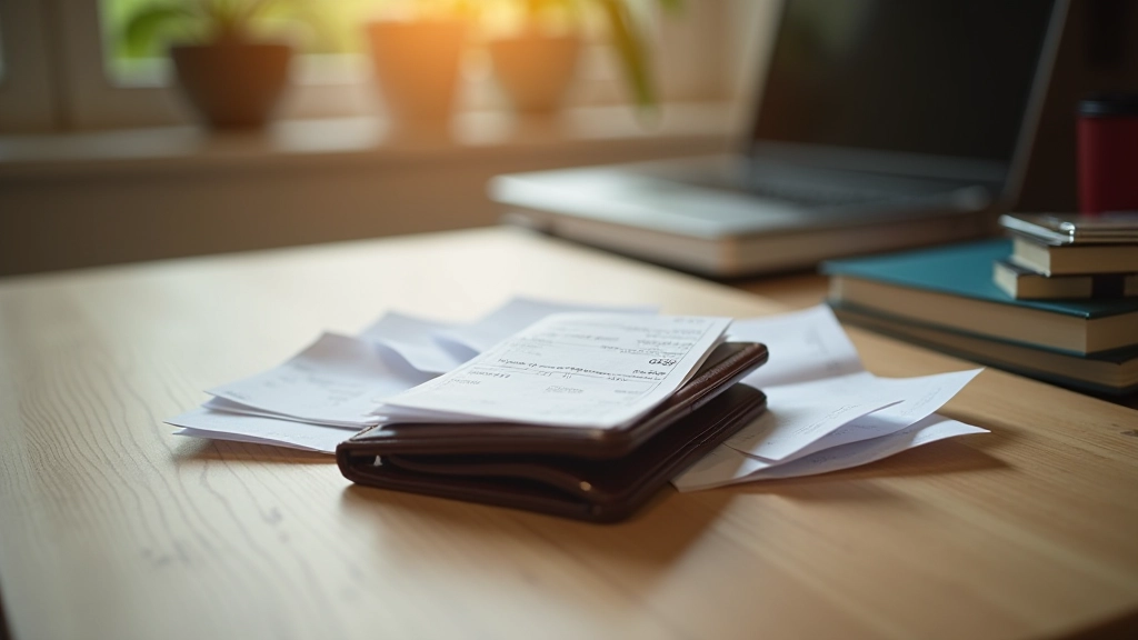 Portefeuille avec plusieurs petits reçus, table de bureau organisée avec stylos et notes